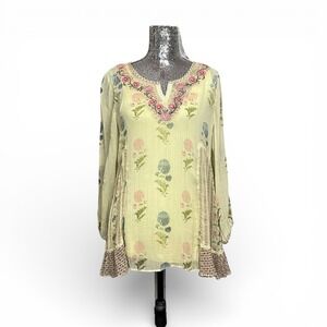 Fairy Boho Embroidered Sheer Tunic Top Floral Pastel Peasant Small Garden Party